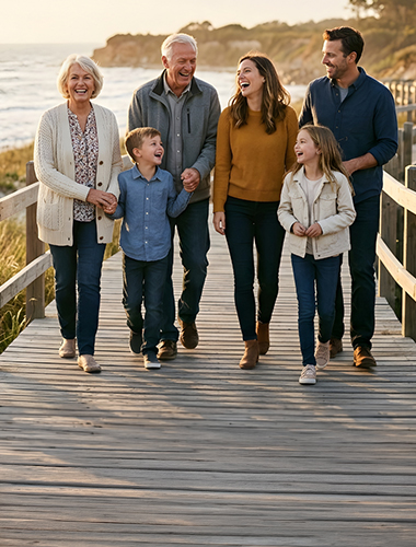 family on boardwalk