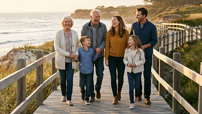 family on boardwalk